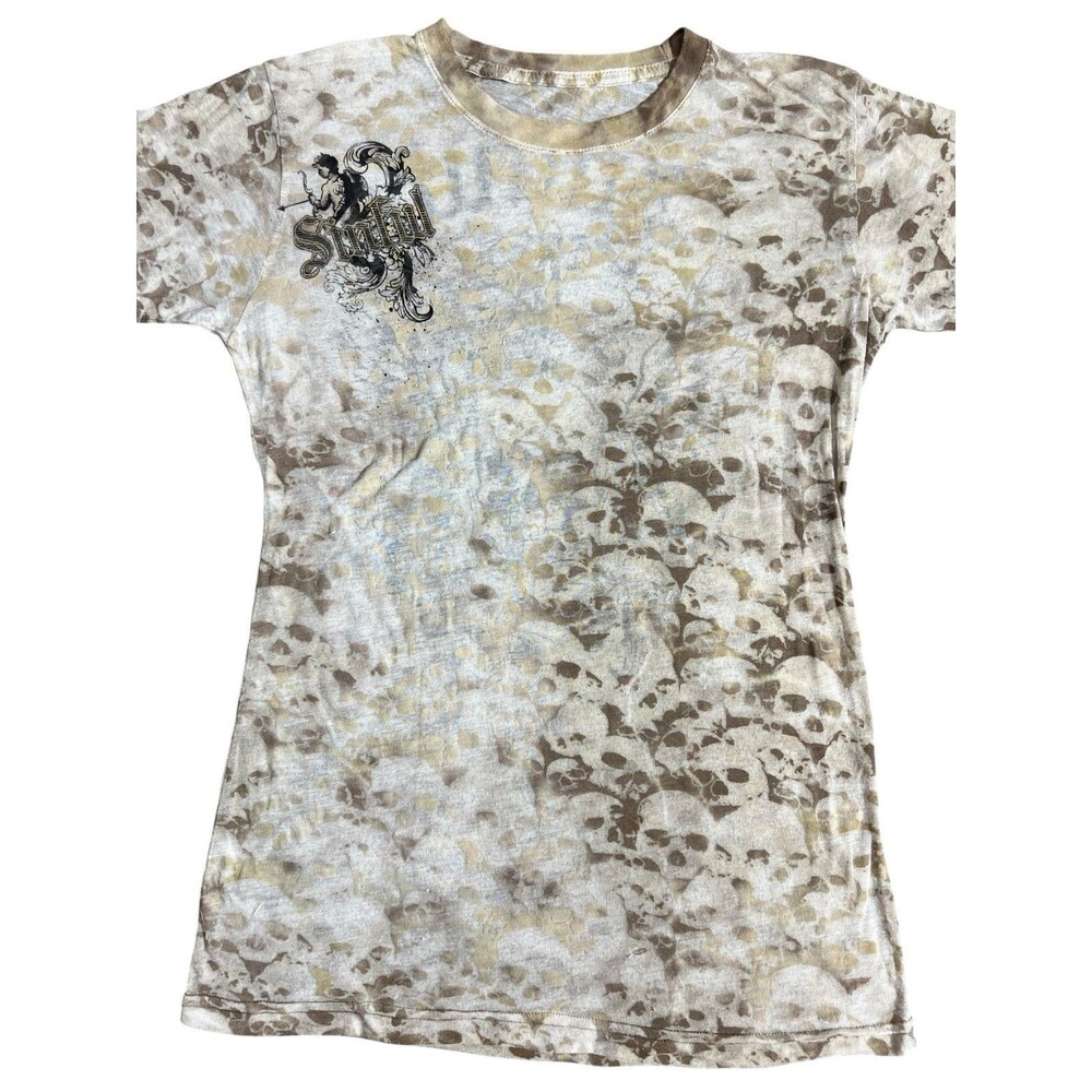 Sinful T-Shirt Womens Brown Y2K Skull Wings Transparent Grunge Distressed HTF